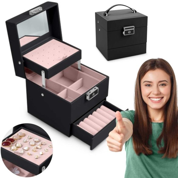 Ékszerdoboz, Massido MS-703, 13 x 13 x 12,5 cm, fekete, PU műbőr, kulccsal zárható, tükrös, rekeszes, gyűrű- és fülbevaló tartóval, fogantyúval