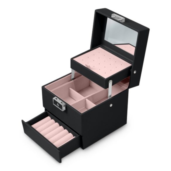 Ékszerdoboz, Massido MS-703, 13 x 13 x 12,5 cm, fekete, PU műbőr, kulccsal zárható, tükrös, rekeszes, gyűrű- és fülbevaló tartóval, fogantyúval
