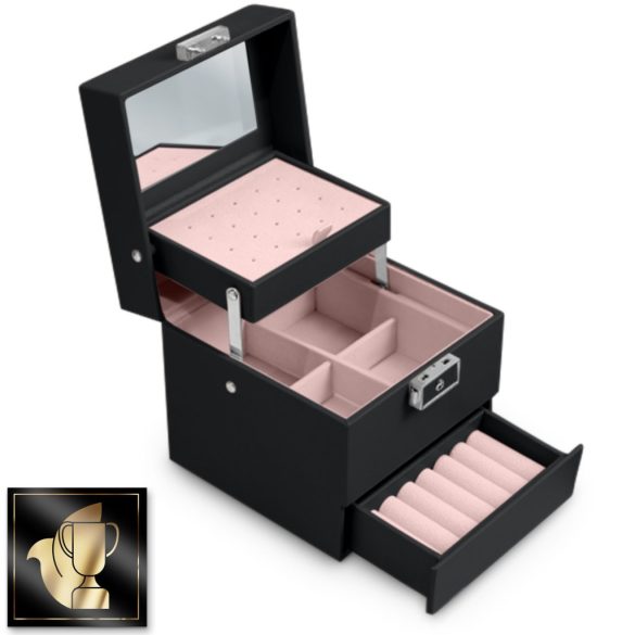 Ékszerdoboz, Massido MS-703, 13 x 13 x 12,5 cm, fekete, PU műbőr, kulccsal zárható, tükrös, rekeszes, gyűrű- és fülbevaló tartóval, fogantyúval