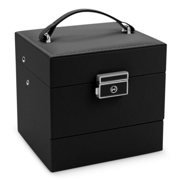 Ékszerdoboz, Massido MS-703, 13 x 13 x 12,5 cm, fekete, PU műbőr, kulccsal zárható, tükrös, rekeszes, gyűrű- és fülbevaló tartóval, fogantyúval