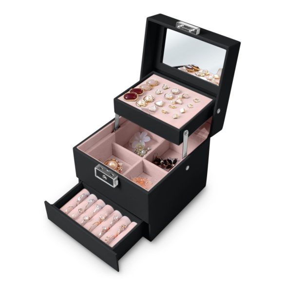 Ékszerdoboz, Massido MS-703, 13 x 13 x 12,5 cm, fekete, PU műbőr, kulccsal zárható, tükrös, rekeszes, gyűrű- és fülbevaló tartóval, fogantyúval