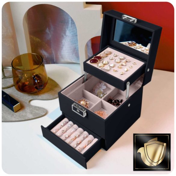 Ékszerdoboz, Massido MS-703, 13 x 13 x 12,5 cm, fekete, PU műbőr, kulccsal zárható, tükrös, rekeszes, gyűrű- és fülbevaló tartóval, fogantyúval