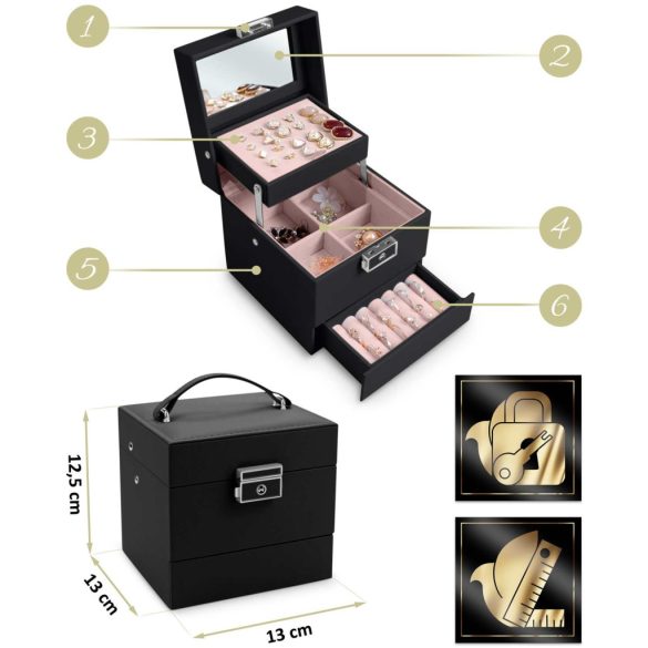 Ékszerdoboz, Massido MS-703, 13 x 13 x 12,5 cm, fekete, PU műbőr, kulccsal zárható, tükrös, rekeszes, gyűrű- és fülbevaló tartóval, fogantyúval