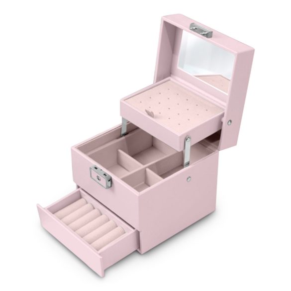 Ékszerdoboz, Massido MS-703, 13 x 13 x 12,5 cm, rózsaszín, PU műbőr, kulccsal zárható, tükrös, rekeszes, gyűrű- és fülbevaló tartóval, fogantyúval