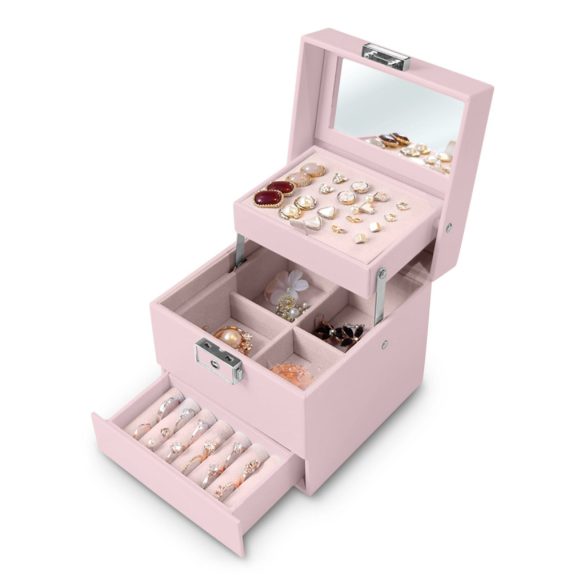 Ékszerdoboz, Massido MS-703, 13 x 13 x 12,5 cm, rózsaszín, PU műbőr, kulccsal zárható, tükrös, rekeszes, gyűrű- és fülbevaló tartóval, fogantyúval