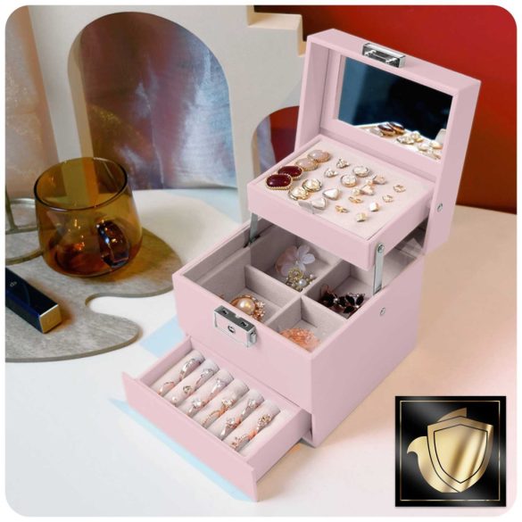 Ékszerdoboz, Massido MS-703, 13 x 13 x 12,5 cm, rózsaszín, PU műbőr, kulccsal zárható, tükrös, rekeszes, gyűrű- és fülbevaló tartóval, fogantyúval
