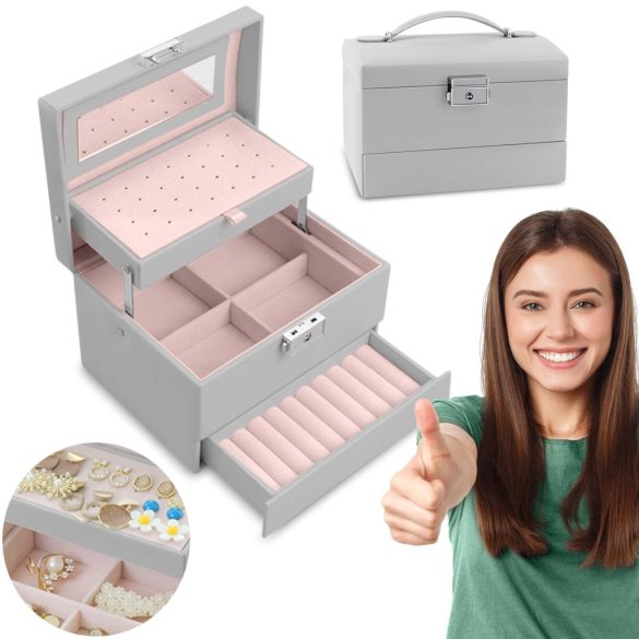 Ékszerdoboz, Massido MS-704, 17,5 x 13,7 x 12,3 cm, szürke, PU műbőr, kulccsal zárható, tükrös, rekeszes, fogantyúval