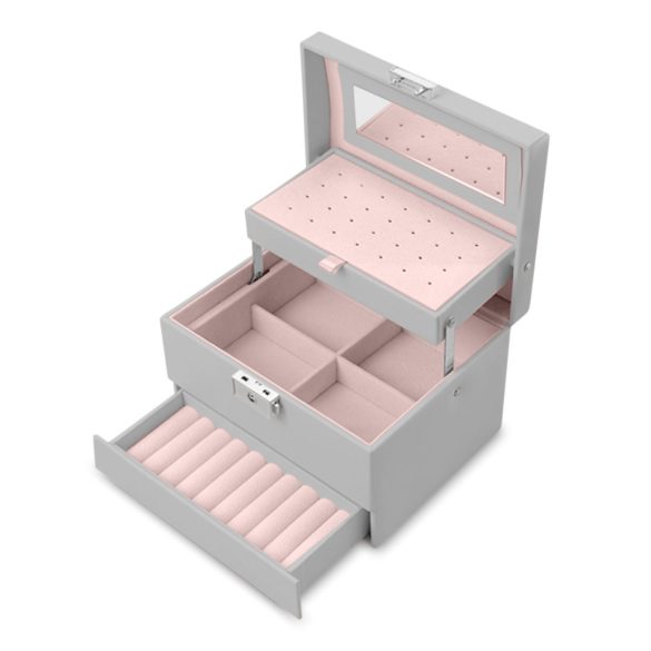 Ékszerdoboz, Massido MS-704, 17,5 x 13,7 x 12,3 cm, szürke, PU műbőr, kulccsal zárható, tükrös, rekeszes, fogantyúval