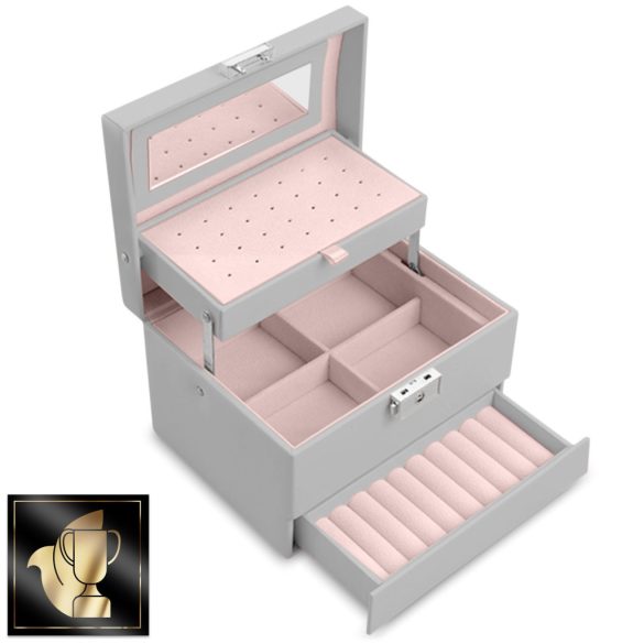 Ékszerdoboz, Massido MS-704, 17,5 x 13,7 x 12,3 cm, szürke, PU műbőr, kulccsal zárható, tükrös, rekeszes, fogantyúval