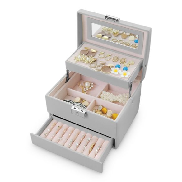 Ékszerdoboz, Massido MS-704, 17,5 x 13,7 x 12,3 cm, szürke, PU műbőr, kulccsal zárható, tükrös, rekeszes, fogantyúval