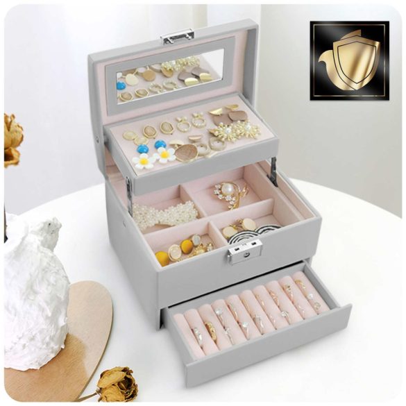 Ékszerdoboz, Massido MS-704, 17,5 x 13,7 x 12,3 cm, szürke, PU műbőr, kulccsal zárható, tükrös, rekeszes, fogantyúval