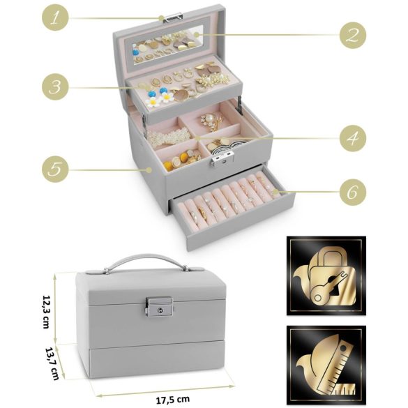 Ékszerdoboz, Massido MS-704, 17,5 x 13,7 x 12,3 cm, szürke, PU műbőr, kulccsal zárható, tükrös, rekeszes, fogantyúval