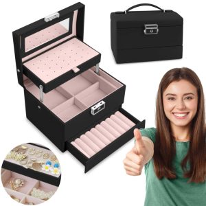 Ékszerdoboz, Massido MS-704, 17,5 x 13,7 x 12,3 cm, fekete, PU műbőr, kulccsal zárható, tükrös, rekeszes, fogantyúval