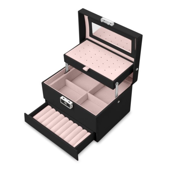 Ékszerdoboz, Massido MS-704, 17,5 x 13,7 x 12,3 cm, fekete, PU műbőr, kulccsal zárható, tükrös, rekeszes, fogantyúval