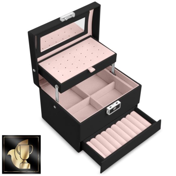 Ékszerdoboz, Massido MS-704, 17,5 x 13,7 x 12,3 cm, fekete, PU műbőr, kulccsal zárható, tükrös, rekeszes, fogantyúval