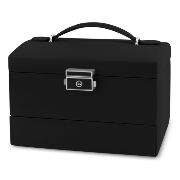 Ékszerdoboz, Massido MS-704, 17,5 x 13,7 x 12,3 cm, fekete, PU műbőr, kulccsal zárható, tükrös, rekeszes, fogantyúval