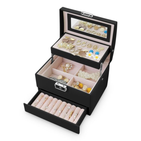 Ékszerdoboz, Massido MS-704, 17,5 x 13,7 x 12,3 cm, fekete, PU műbőr, kulccsal zárható, tükrös, rekeszes, fogantyúval