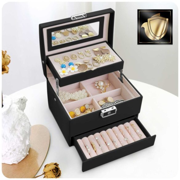 Ékszerdoboz, Massido MS-704, 17,5 x 13,7 x 12,3 cm, fekete, PU műbőr, kulccsal zárható, tükrös, rekeszes, fogantyúval