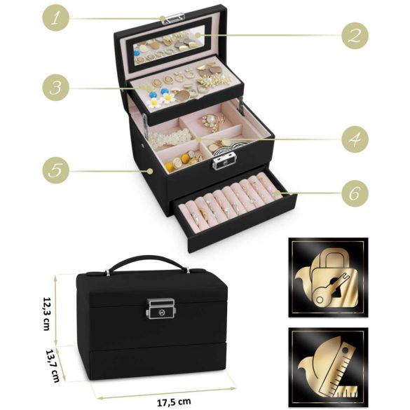 Ékszerdoboz, Massido MS-704, 17,5 x 13,7 x 12,3 cm, fekete, PU műbőr, kulccsal zárható, tükrös, rekeszes, fogantyúval