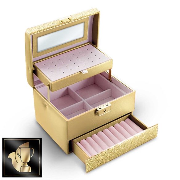 Ékszerdoboz, Massido MS-704, 17,5 x 13,7 x 12,3 cm, arany, PU műbőr, kulccsal zárható, tükrös, rekeszes, fogantyúval