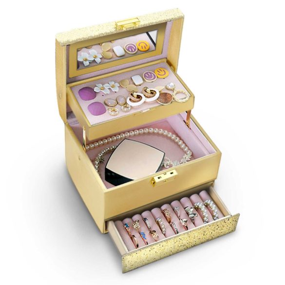 Ékszerdoboz, Massido MS-704, 17,5 x 13,7 x 12,3 cm, arany, PU műbőr, kulccsal zárható, tükrös, rekeszes, fogantyúval