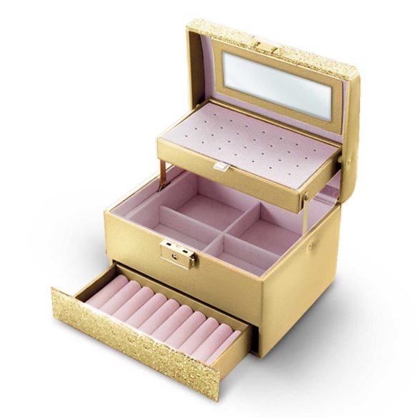 Ékszerdoboz, Massido MS-704, 17,5 x 13,7 x 12,3 cm, arany, PU műbőr, kulccsal zárható, tükrös, rekeszes, fogantyúval