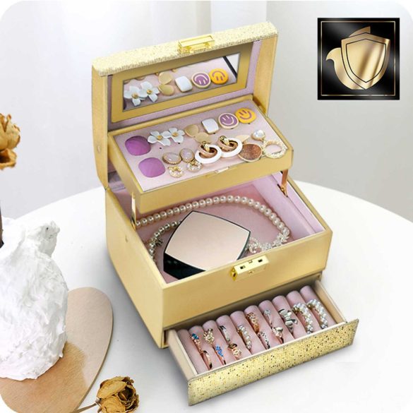 Ékszerdoboz, Massido MS-704, 17,5 x 13,7 x 12,3 cm, arany, PU műbőr, kulccsal zárható, tükrös, rekeszes, fogantyúval