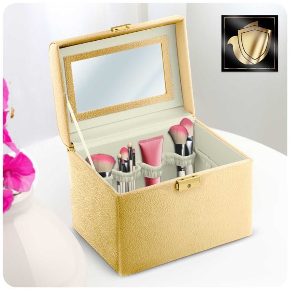 Kozmetikai láda, Massido MS-706, 22,5 x 16,5 x 17,2 cm, arany, kulccsal zárható, tükörrel, rekeszes, hordfogantyúval, PU műbőr