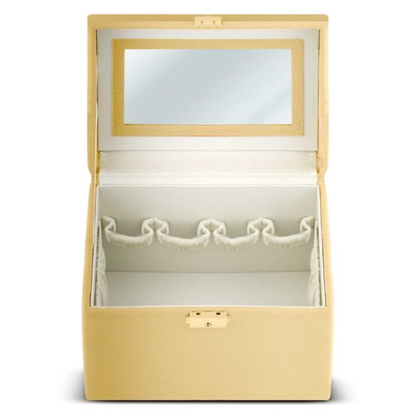 Kozmetikai láda, Massido MS-706, 22,5 x 16,5 x 17,2 cm, arany, kulccsal zárható, tükörrel, rekeszes, hordfogantyúval, PU műbőr