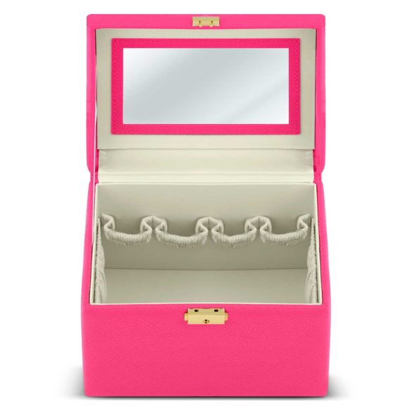 Kozmetikai láda, Massido MS-706, 22,5 x 16,5 x 17,2 cm, rózsaszín, kulccsal zárható, tükörrel, rekeszes, hordfogantyúval, PU műbőr
