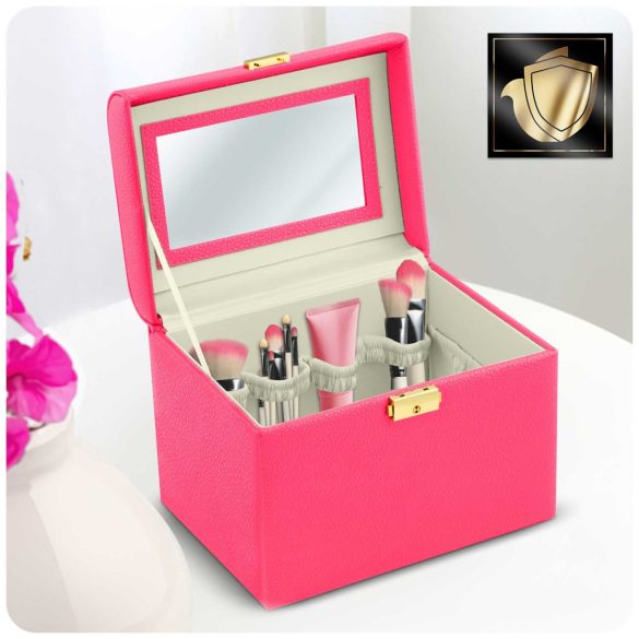 Kozmetikai láda, Massido MS-706, 22,5 x 16,5 x 17,2 cm, rózsaszín, kulccsal zárható, tükörrel, rekeszes, hordfogantyúval, PU műbőr