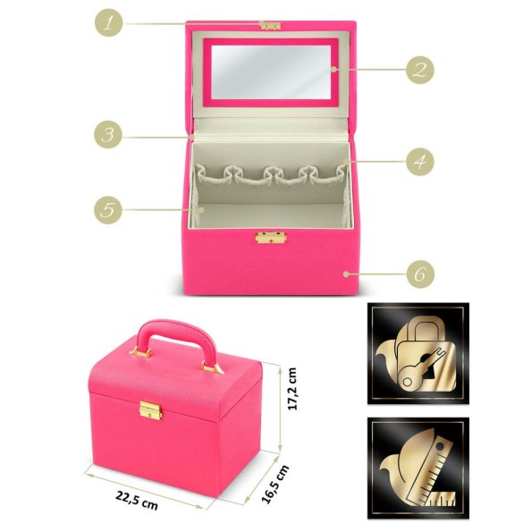 Kozmetikai láda, Massido MS-706, 22,5 x 16,5 x 17,2 cm, rózsaszín, kulccsal zárható, tükörrel, rekeszes, hordfogantyúval, PU műbőr