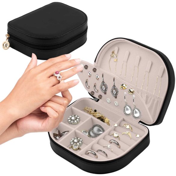 Ékszerdoboz, Massido MS-707, 16,5 x 12 x 5 cm, fekete, PU műbőr, zárható, könnyű, utazáshoz ideális, több rekesszel