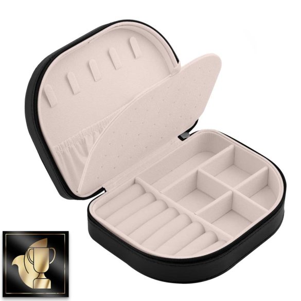 Ékszerdoboz, Massido MS-707, 16,5 x 12 x 5 cm, fekete, PU műbőr, zárható, könnyű, utazáshoz ideális, több rekesszel