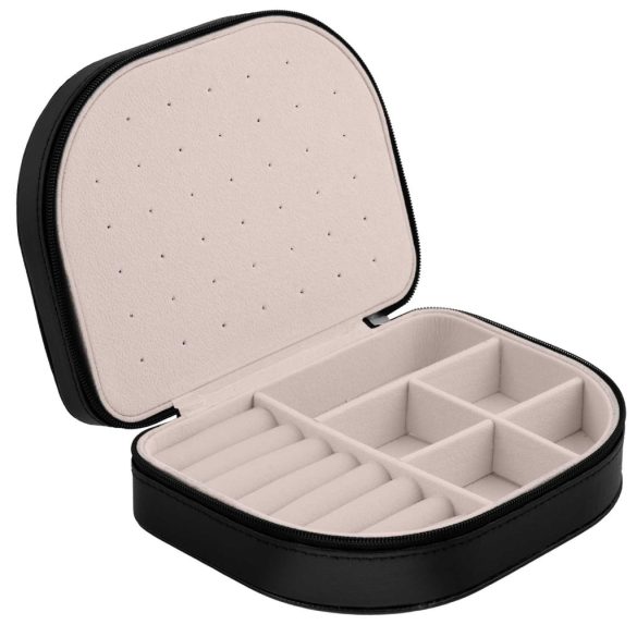 Ékszerdoboz, Massido MS-707, 16,5 x 12 x 5 cm, fekete, PU műbőr, zárható, könnyű, utazáshoz ideális, több rekesszel