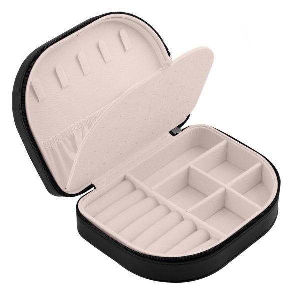 Ékszerdoboz, Massido MS-707, 16,5 x 12 x 5 cm, fekete, PU műbőr, zárható, könnyű, utazáshoz ideális, több rekesszel