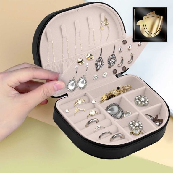 Ékszerdoboz, Massido MS-707, 16,5 x 12 x 5 cm, fekete, PU műbőr, zárható, könnyű, utazáshoz ideális, több rekesszel