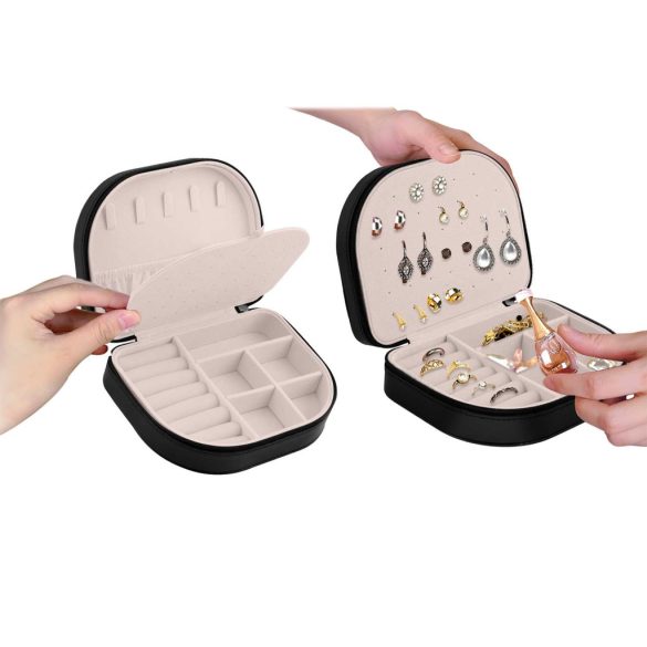 Ékszerdoboz, Massido MS-707, 16,5 x 12 x 5 cm, fekete, PU műbőr, zárható, könnyű, utazáshoz ideális, több rekesszel