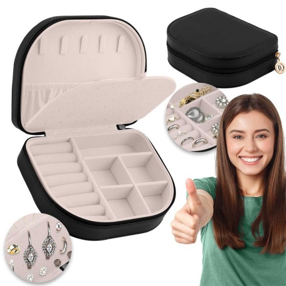 Ékszerdoboz, Massido MS-707, 16,5 x 12 x 5 cm, fekete, PU műbőr, zárható, könnyű, utazáshoz ideális, több rekesszel