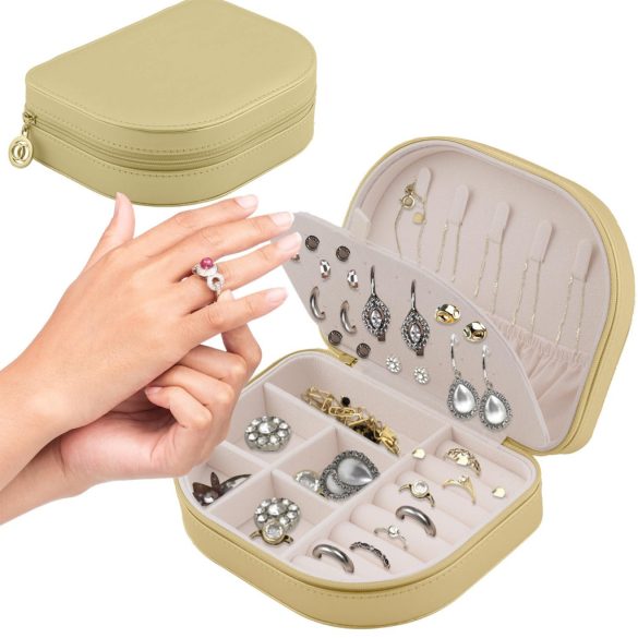 Ékszerdoboz, Massido MS-707, 16,5 x 12 x 5 cm, arany, PU műbőr, zárható, könnyű, utazáshoz ideális, több rekesszel