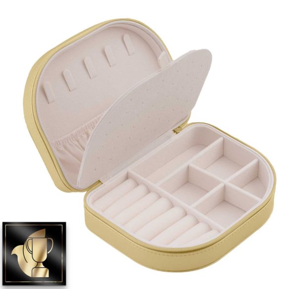 Ékszerdoboz, Massido MS-707, 16,5 x 12 x 5 cm, arany, PU műbőr, zárható, könnyű, utazáshoz ideális, több rekesszel