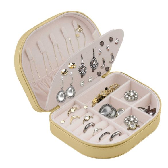 Ékszerdoboz, Massido MS-707, 16,5 x 12 x 5 cm, arany, PU műbőr, zárható, könnyű, utazáshoz ideális, több rekesszel