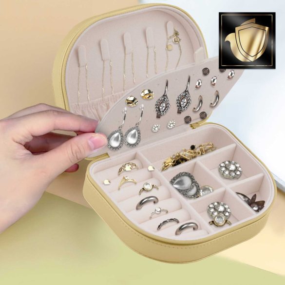 Ékszerdoboz, Massido MS-707, 16,5 x 12 x 5 cm, arany, PU műbőr, zárható, könnyű, utazáshoz ideális, több rekesszel