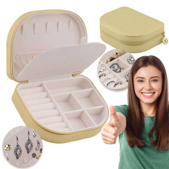 Ékszerdoboz, Massido MS-707, 16,5 x 12 x 5 cm, arany, PU műbőr, zárható, könnyű, utazáshoz ideális, több rekesszel