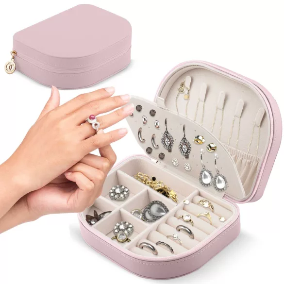 Ékszerdoboz, Massido MS-707, 16,5 x 12 x 5 cm, rózsaszín, PU műbőr, zárható, könnyű, utazáshoz ideális, több rekesszel