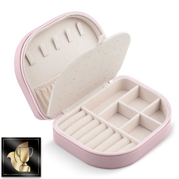 Ékszerdoboz, Massido MS-707, 16,5 x 12 x 5 cm, rózsaszín, PU műbőr, zárható, könnyű, utazáshoz ideális, több rekesszel