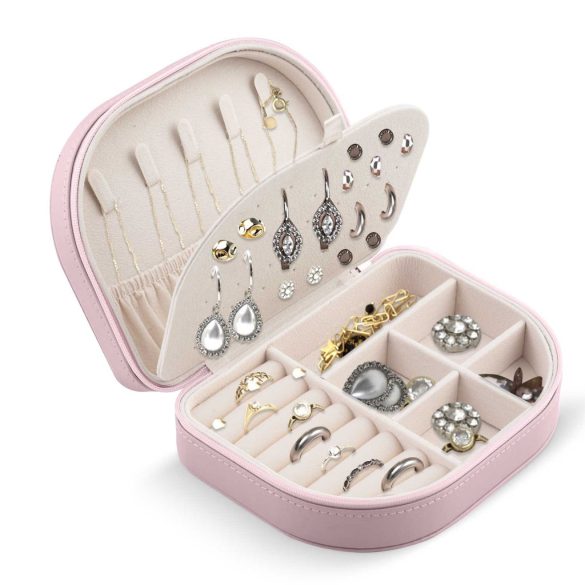 Ékszerdoboz, Massido MS-707, 16,5 x 12 x 5 cm, rózsaszín, PU műbőr, zárható, könnyű, utazáshoz ideális, több rekesszel