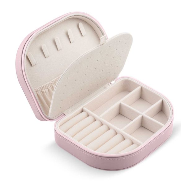 Ékszerdoboz, Massido MS-707, 16,5 x 12 x 5 cm, rózsaszín, PU műbőr, zárható, könnyű, utazáshoz ideális, több rekesszel