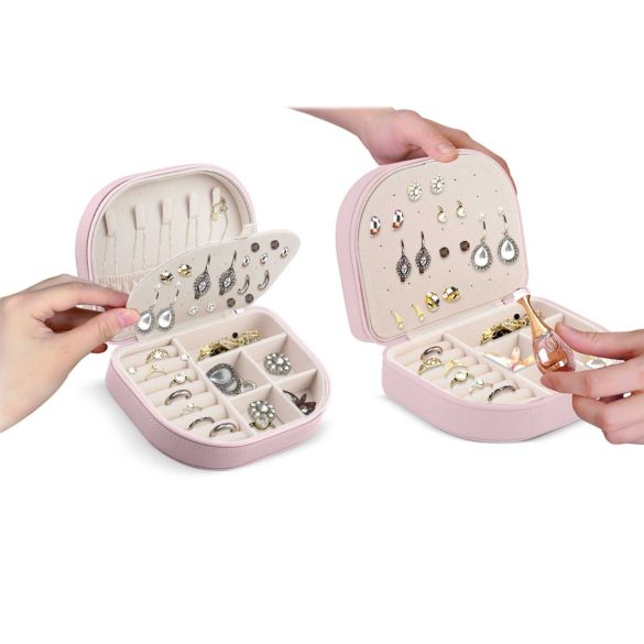 Ékszerdoboz, Massido MS-707, 16,5 x 12 x 5 cm, rózsaszín, PU műbőr, zárható, könnyű, utazáshoz ideális, több rekesszel