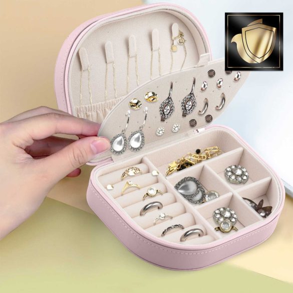 Ékszerdoboz, Massido MS-707, 16,5 x 12 x 5 cm, rózsaszín, PU műbőr, zárható, könnyű, utazáshoz ideális, több rekesszel